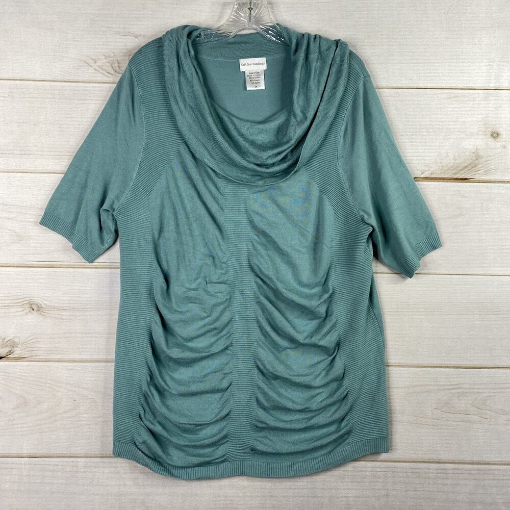 Soft Surroundings Women Top 2X Green Cowl Neck Knit Short Sleeve Ribbed Stretch